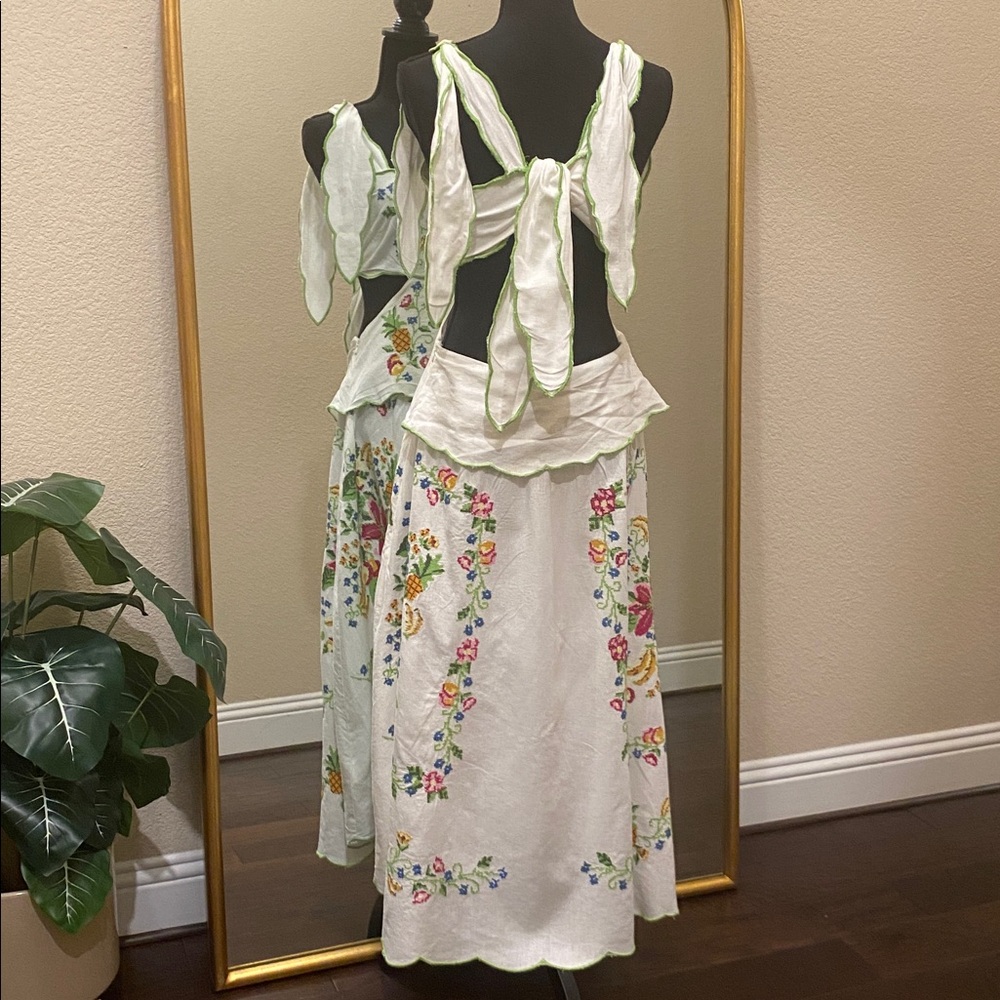 Farm Rio Tropical Romance Floral-embroidered Linen-blend Midi Dress Size XL - Picture 10 of 15